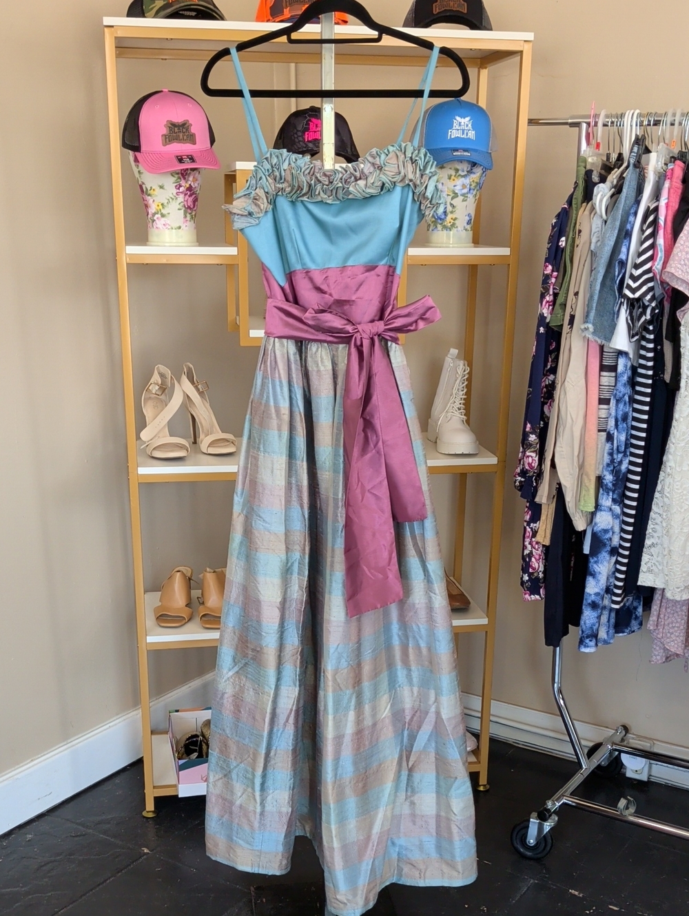Vintage Pastel Blue and Pink Ruffle-Trim Formal Dress with Sash